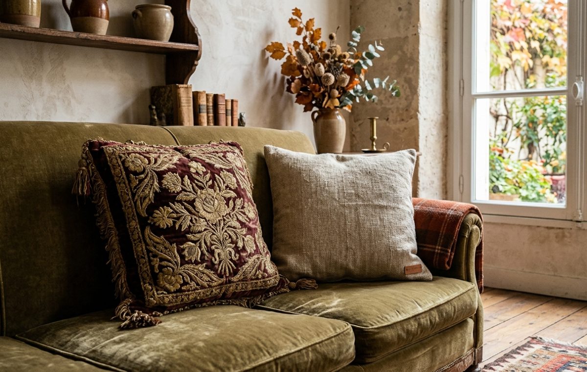 Vintage living room decor featuring an olive velvet sofa with an antique embroidered pillow and a rustic wooden shelf.