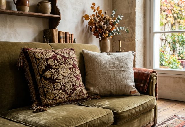 Vintage living room decor featuring an olive velvet sofa with an antique embroidered pillow and a rustic wooden shelf.