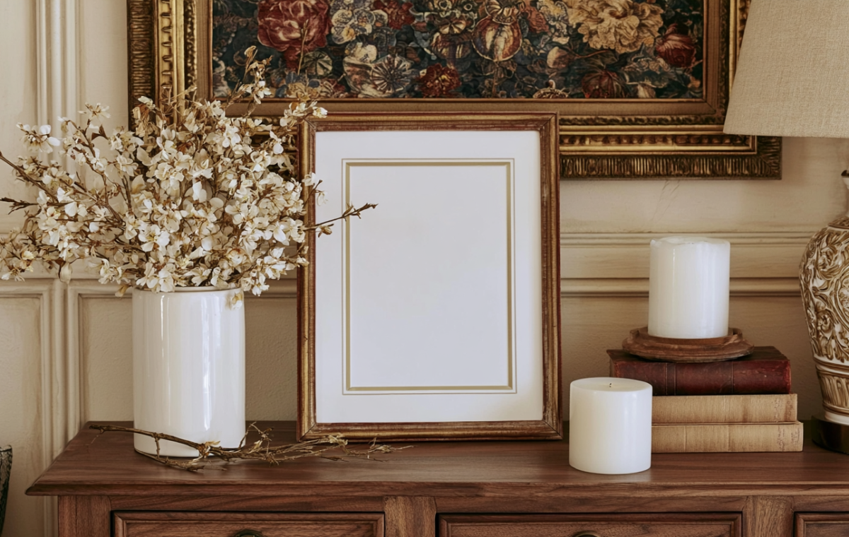 Vintage mantel decor featuring an antique picture frame, dried florals, and stacked books on a wooden console table