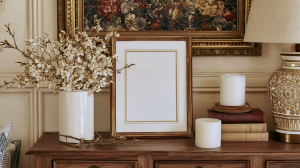 Vintage mantel decor featuring an antique picture frame, dried florals, and stacked books on a wooden console table