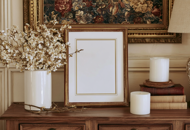 Vintage mantel decor featuring an antique picture frame, dried florals, and stacked books on a wooden console table