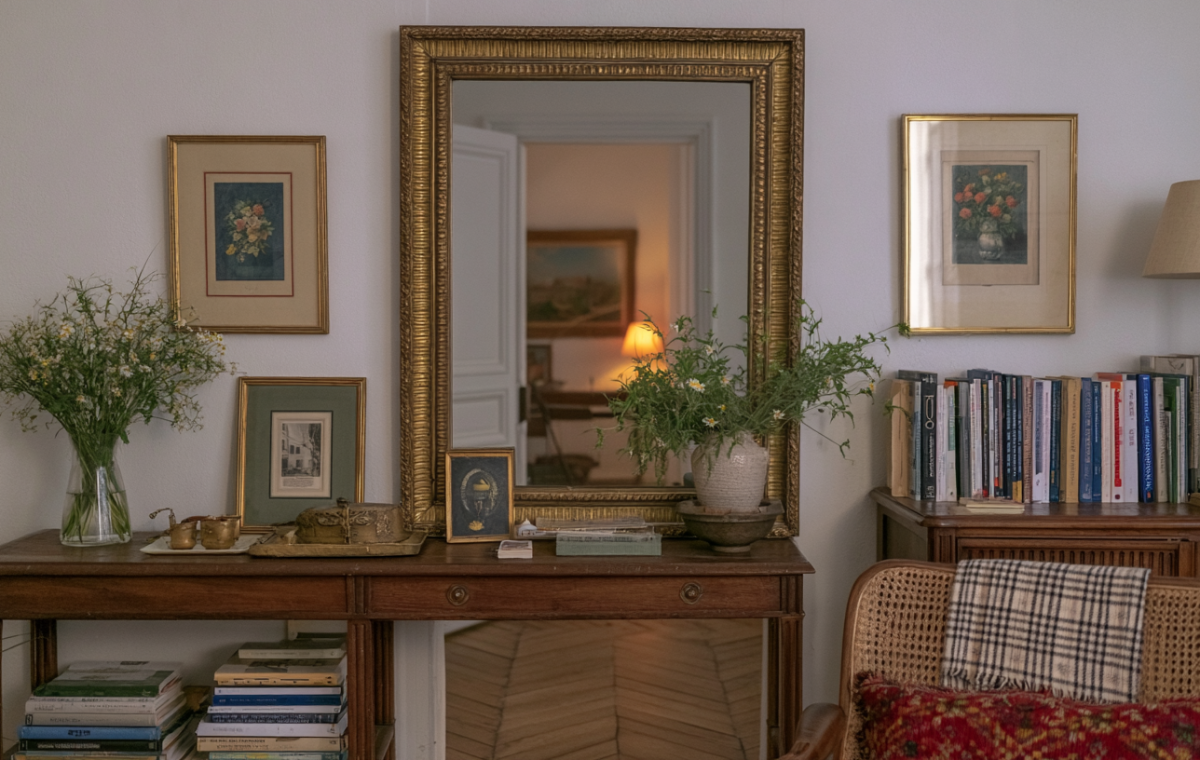 Vintage mirror wall decor above a wooden console table with framed art and fresh wildflowers.