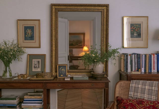 Vintage mirror wall decor above a wooden console table with framed art and fresh wildflowers.