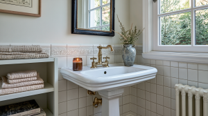 Vintage pedestal sink bathroom featuring brass hardware, white wall tiles, and neatly stacked neutral towels.