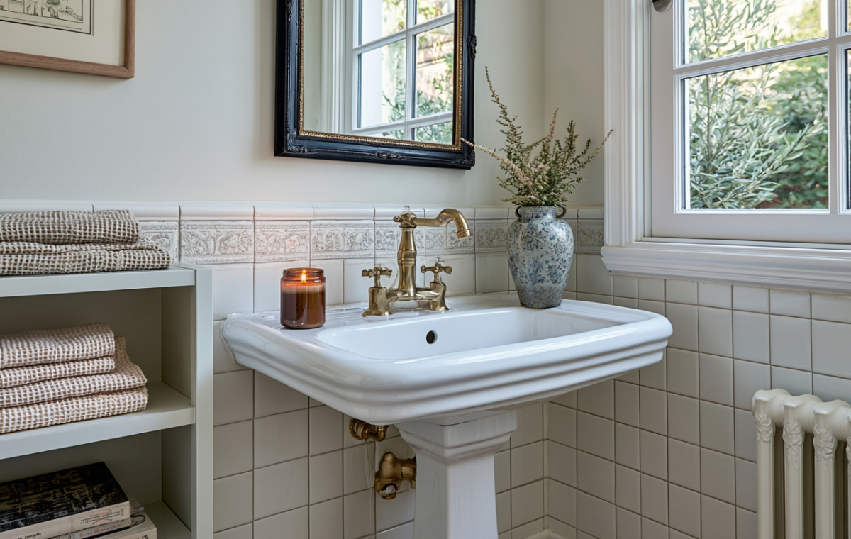 Vintage pedestal sink bathroom featuring white tiles, brass fixtures, and open towel storage.