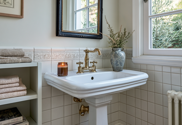 Vintage pedestal sink bathroom featuring white tiles, brass fixtures, and open towel storage.