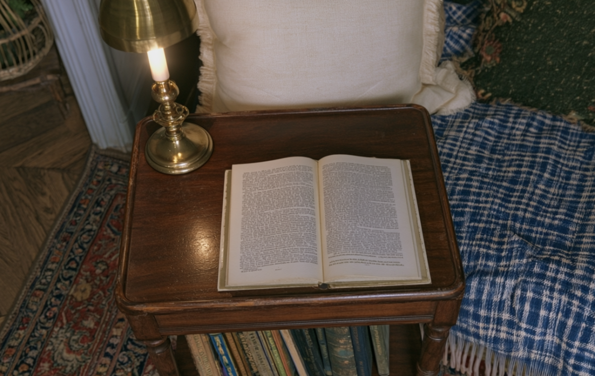Vintage reading nook featuring an open book, brass lamp, and blue plaid blanket on a wooden side table