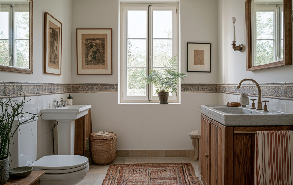 Vintage rustic bathroom design featuring an antique wood vanity, tiled walls, and warm lighting.