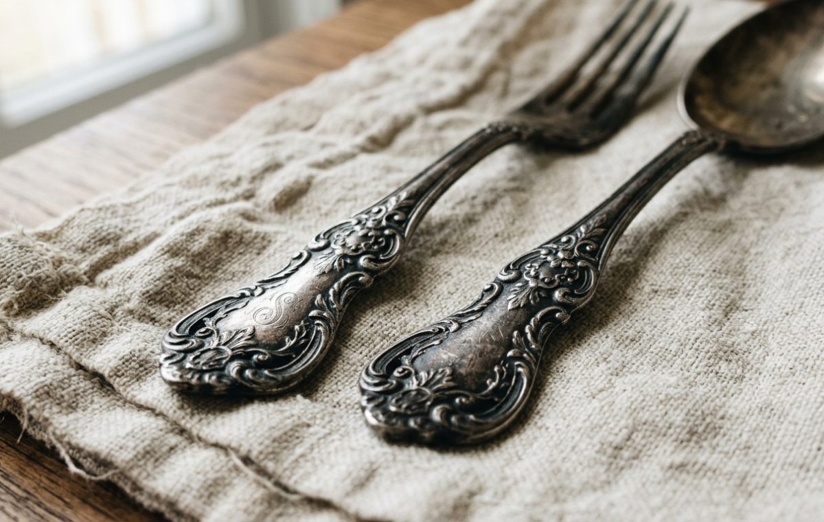Vintage silverware fork and spoon resting on a textured linen napkin over wood