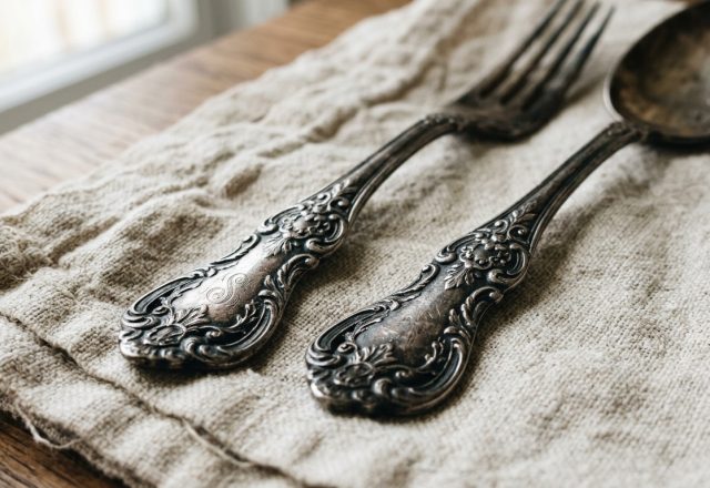 Vintage silverware fork and spoon resting on a textured linen napkin over wood