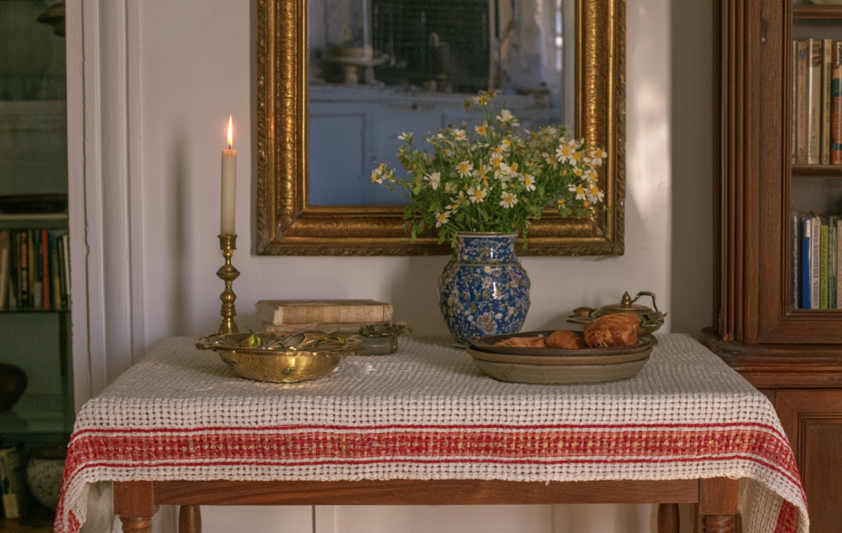 Vintage tabletop decor featuring an antique mirror, brass candle holder, and blue ceramic vase with daisies on a red-striped runner.