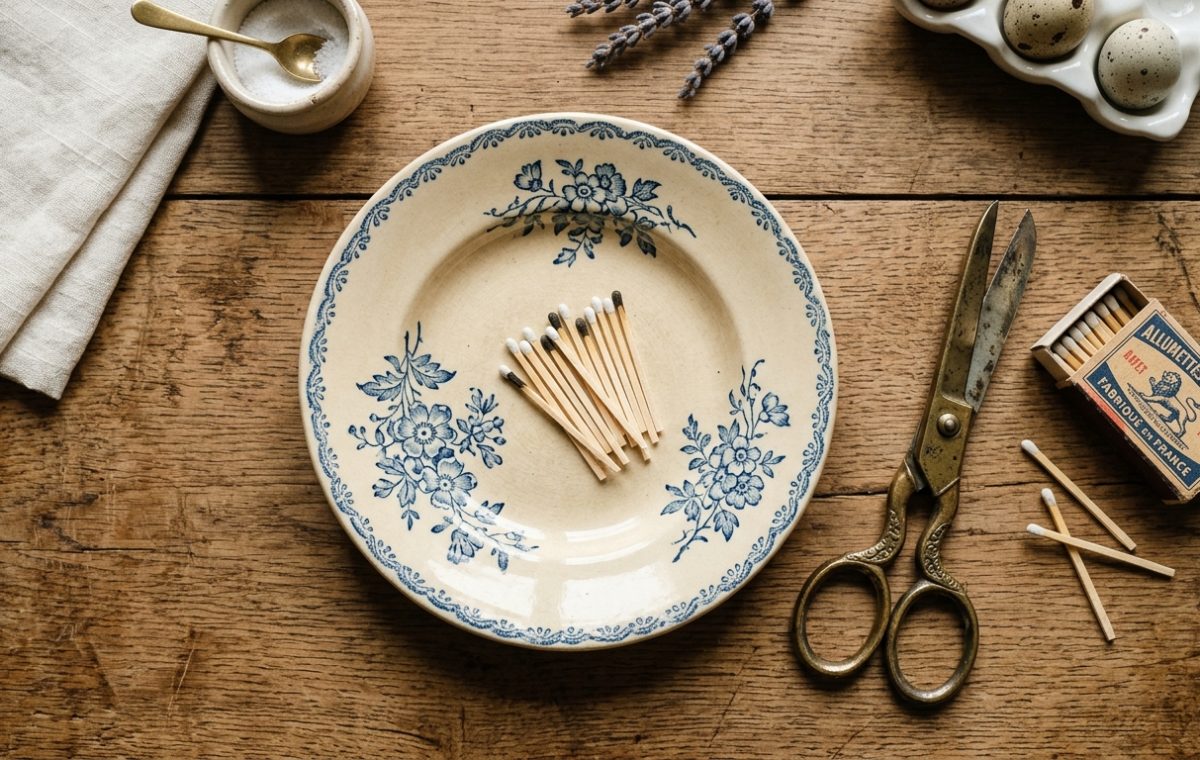 Vintage tabletop organization featuring a blue and white patterned plate, matches, and antique scissors on a rustic wooden table.
