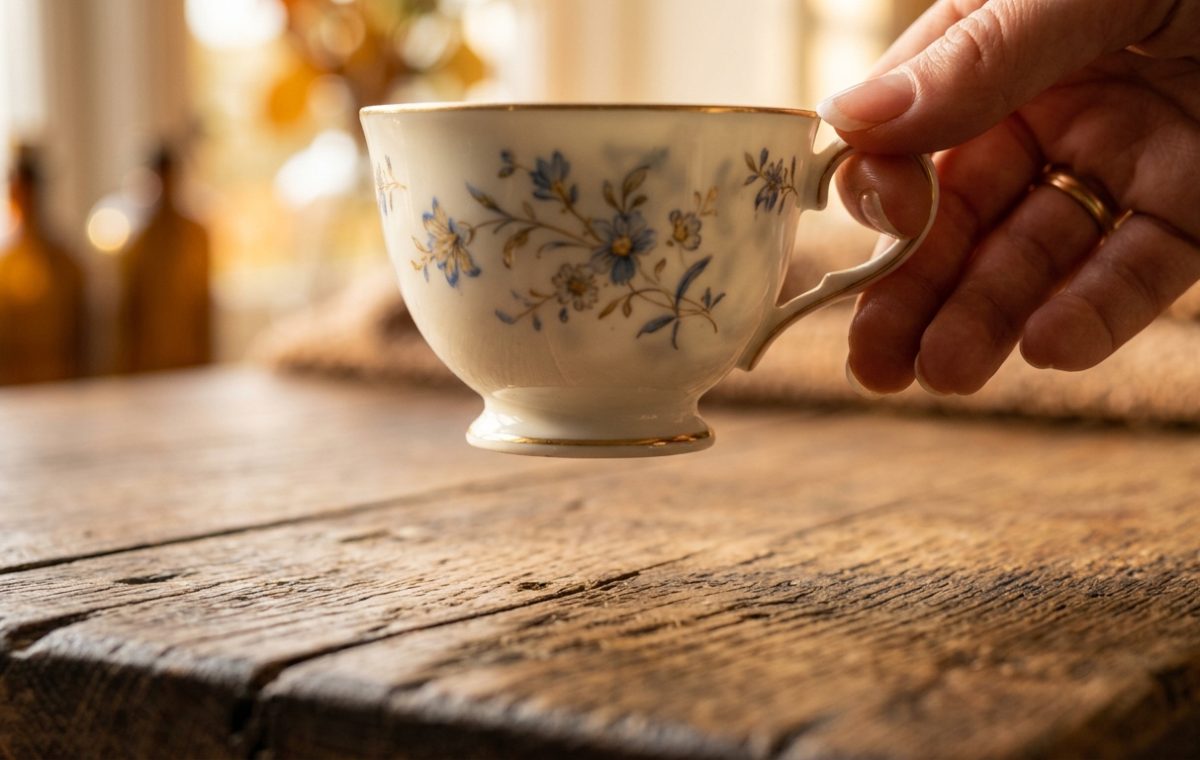 A hand holding a delicate floral vintage tea cup over a rustic wooden table.