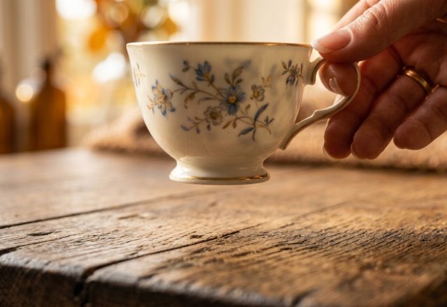 A hand holding a delicate floral vintage tea cup over a rustic wooden table.