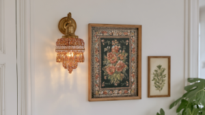 Vintage brass wall sconce with amber crystal glass paired with framed botanical art in a hallway.