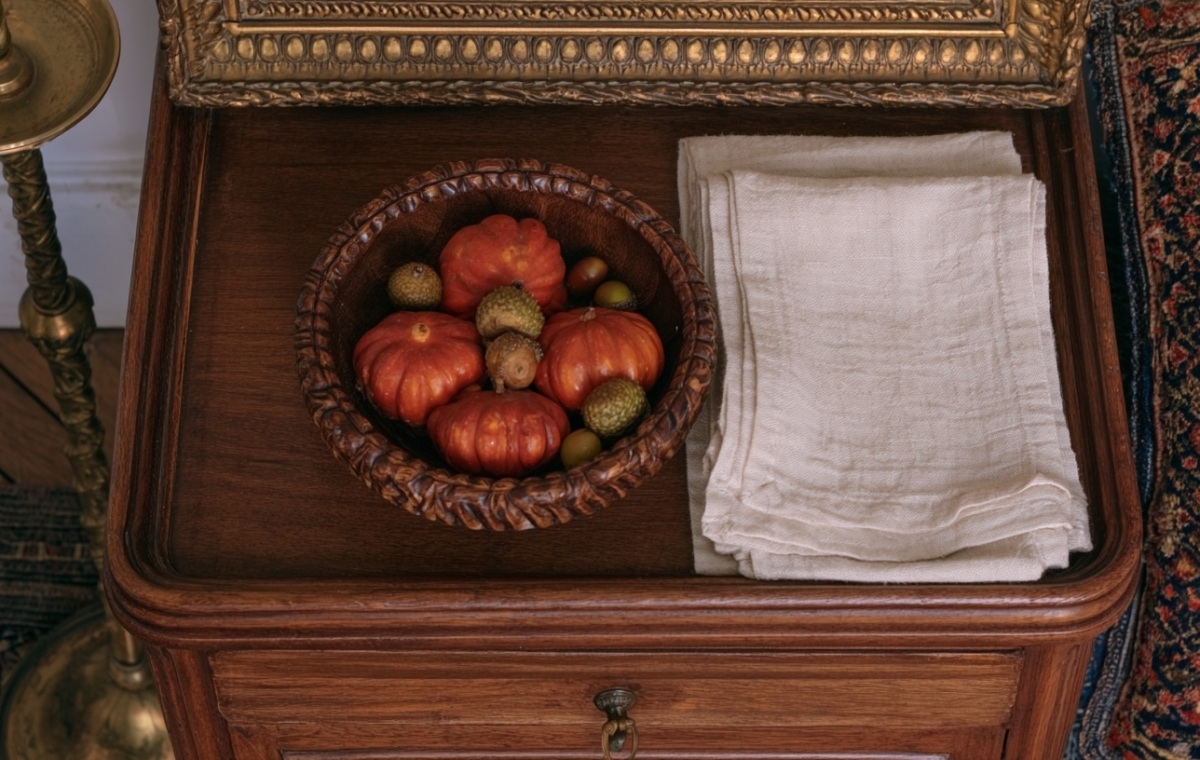 Close-up of a vintage wooden nightstand styled with a wooden bowl of mini pumpkins and linen napkins.