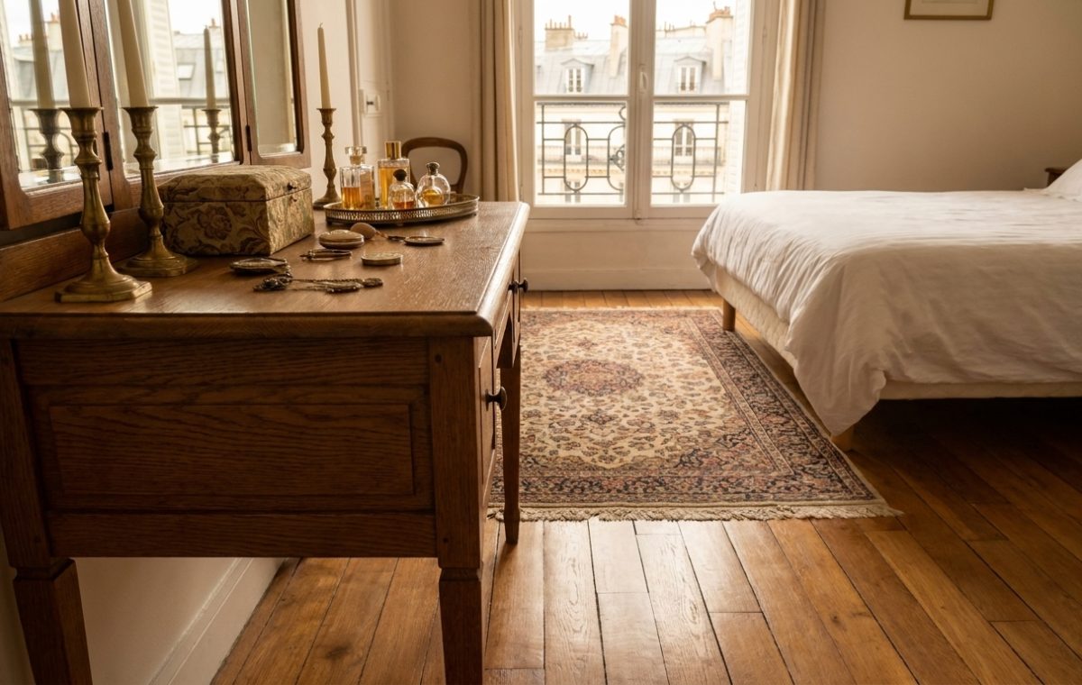 Vintage wooden vanity with brass candlesticks and perfume bottles beside a classic white bed in a bright bedroom