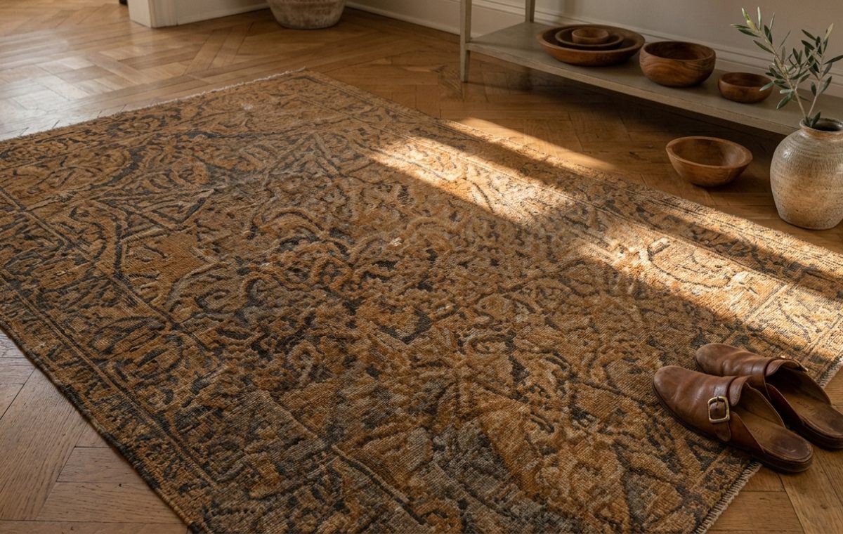 A distressed vintage wool area rug placed on herringbone hardwood flooring in a warm living room.
