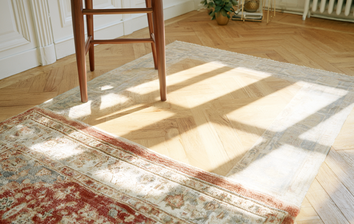 Vintage wool rug layering on herringbone wood floors in a sunlit living room with a mid-century stool.