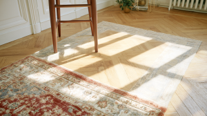 Vintage wool rug layering on herringbone wood floors in a sunlit living room with a mid-century stool.