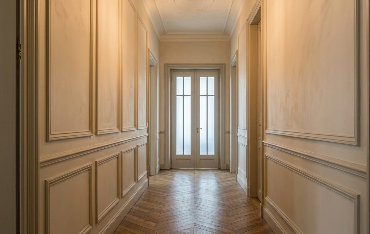 Elegant wainscoting hallway design with neutral wall panels and chevron hardwood flooring.