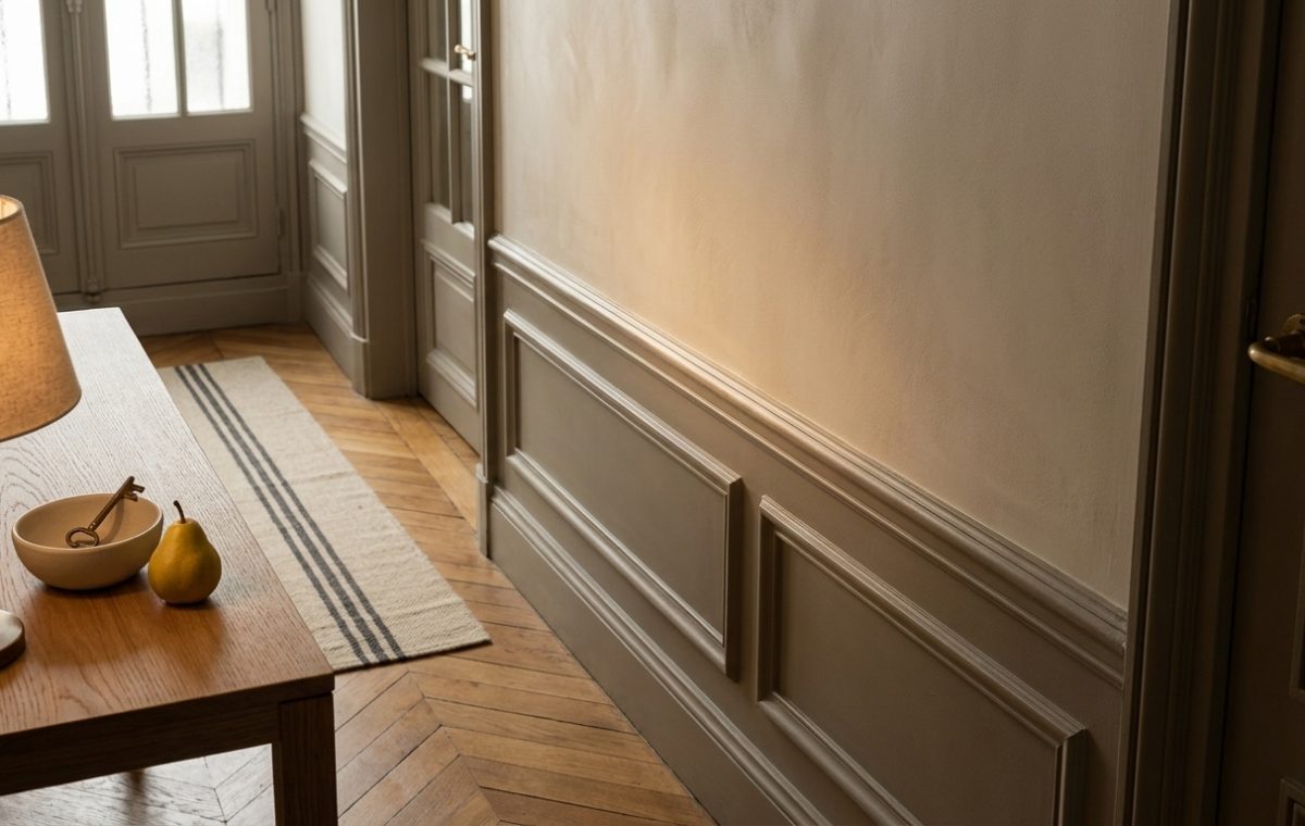 Classic wainscoting wall panels along a hallway paired with wooden flooring and warm accent lighting.