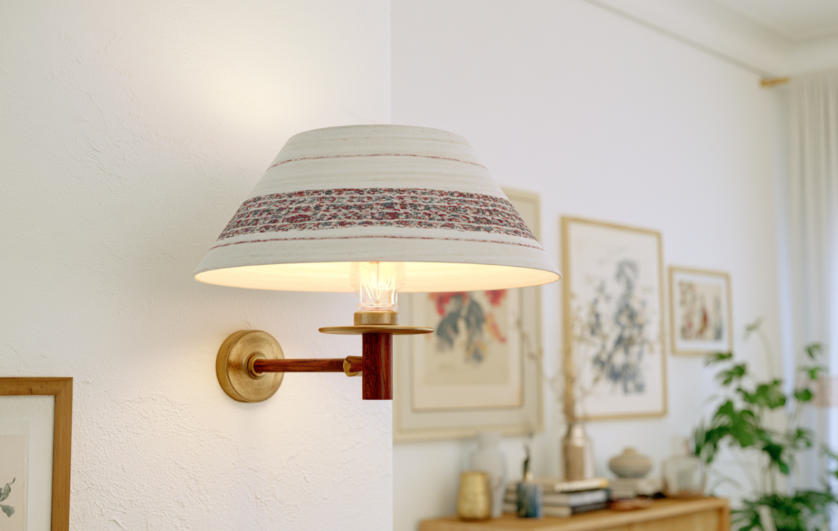 Brass and wood wall sconce lighting featuring a patterned fabric shade mounted on a white textured wall in a living room.