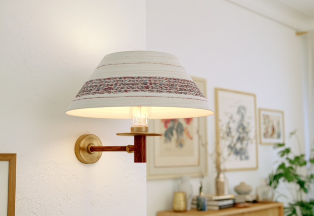 Brass and wood wall sconce lighting featuring a patterned fabric shade mounted on a white textured wall in a living room.