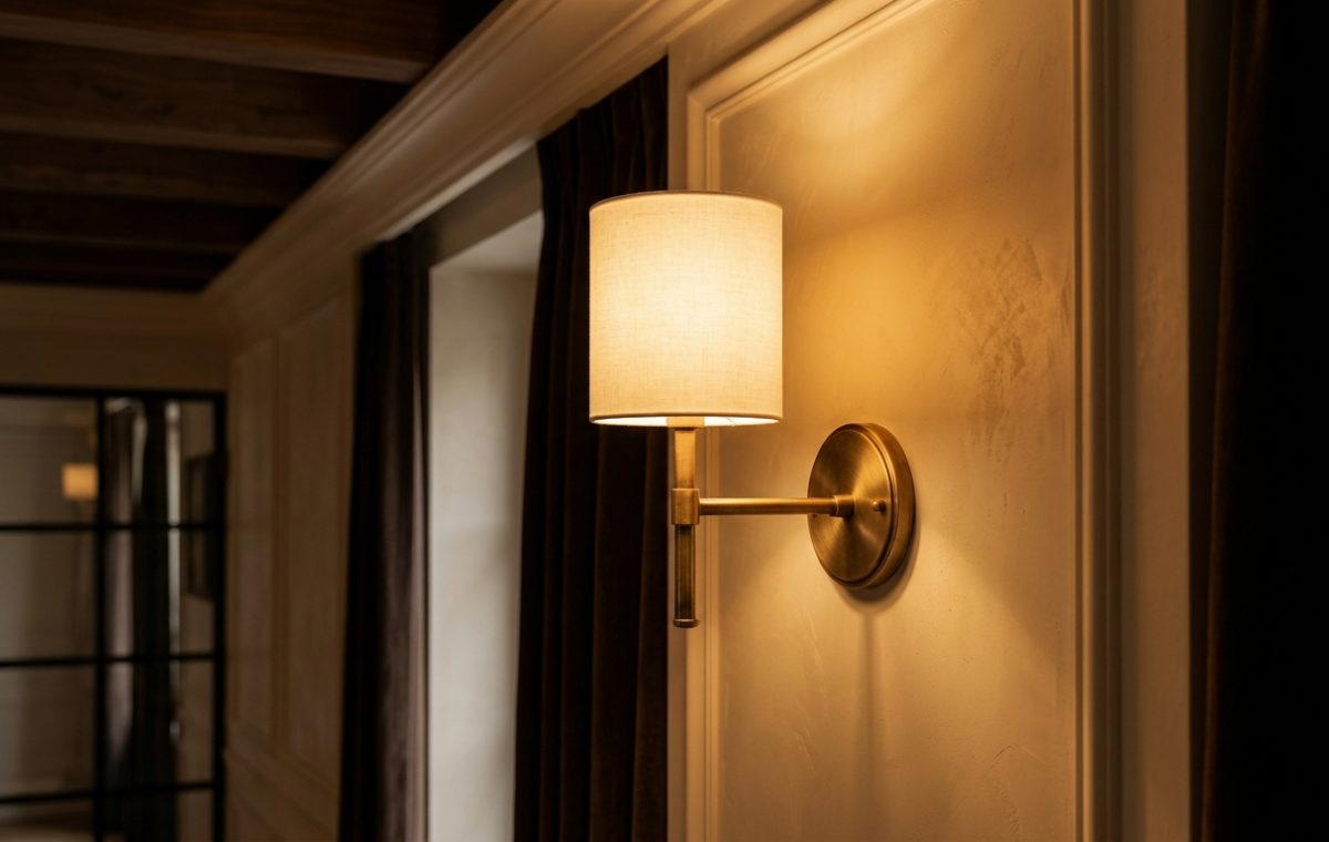 Elegant brass wall sconce with fabric shade mounted on a textured wall providing warm ambient lighting