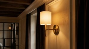 Elegant brass wall sconce with fabric shade mounted on a textured wall providing warm ambient lighting