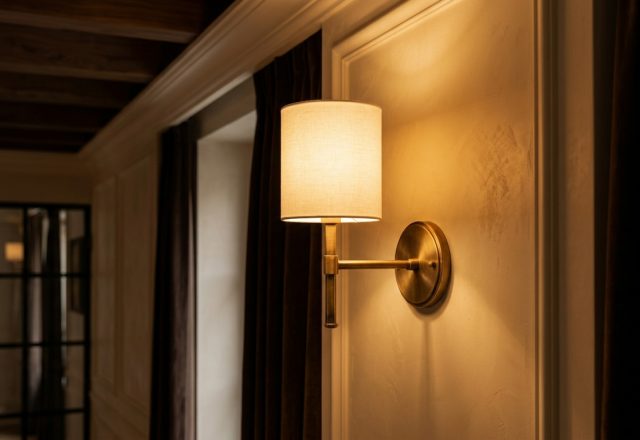 Elegant brass wall sconce with fabric shade mounted on a textured wall providing warm ambient lighting