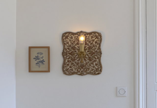 Vintage brass wall sconce lighting fixture mounted next to a framed botanical print on a white wall