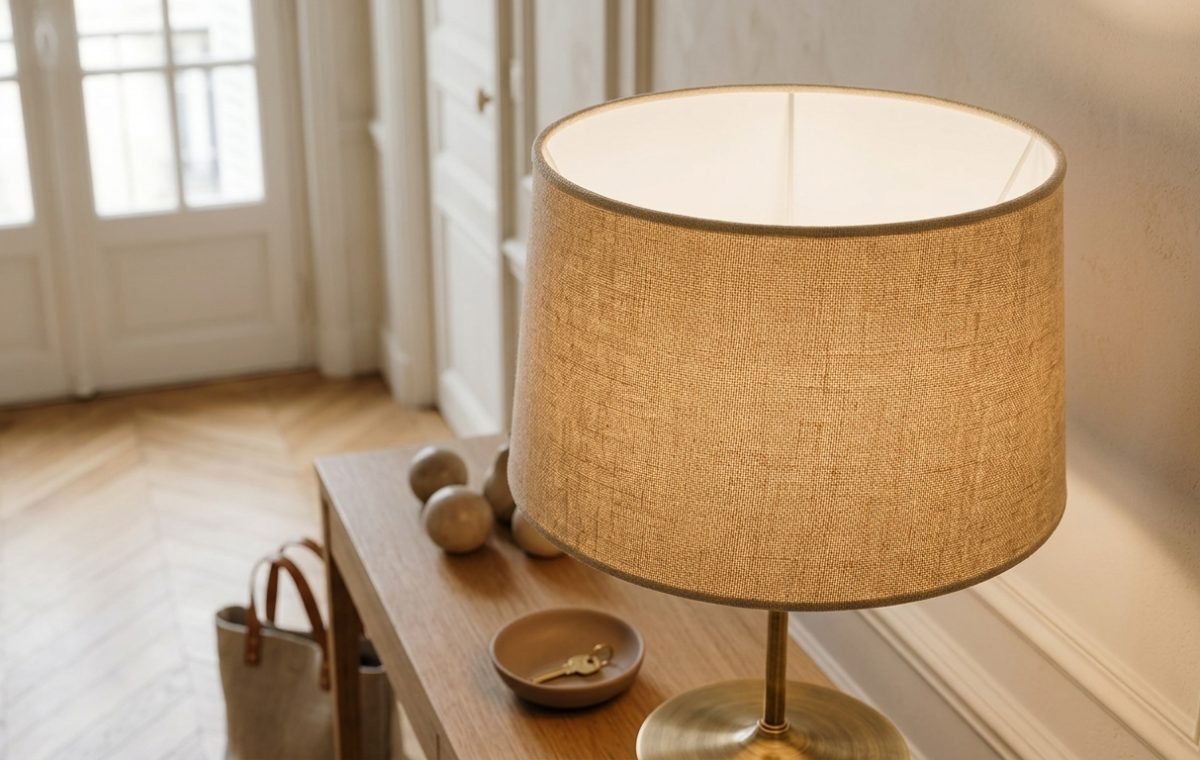 A chic brass table lamp with a burlap shade casting warm ambient lighting on a wooden hallway console table.