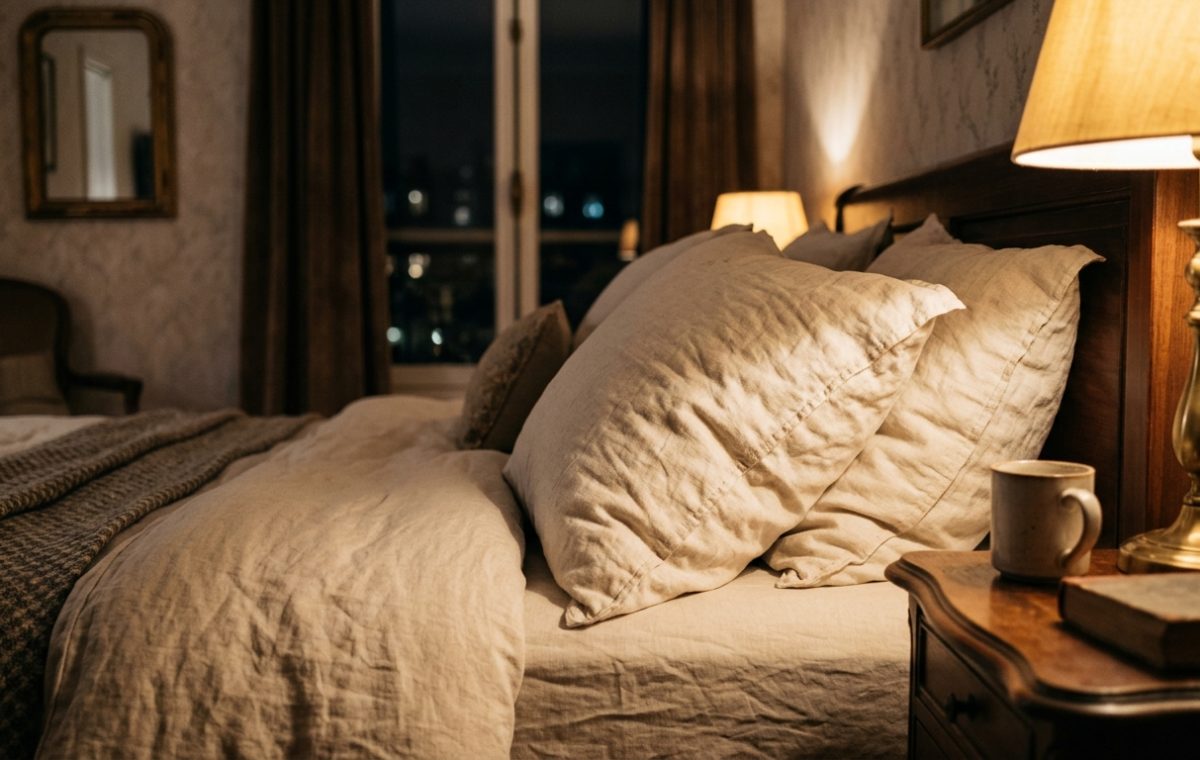 Cozy master bedroom interior featuring warm bedside lighting and layered linen pillows.