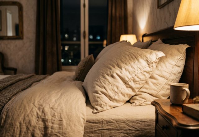 Cozy master bedroom interior featuring warm bedside lighting and layered linen pillows.