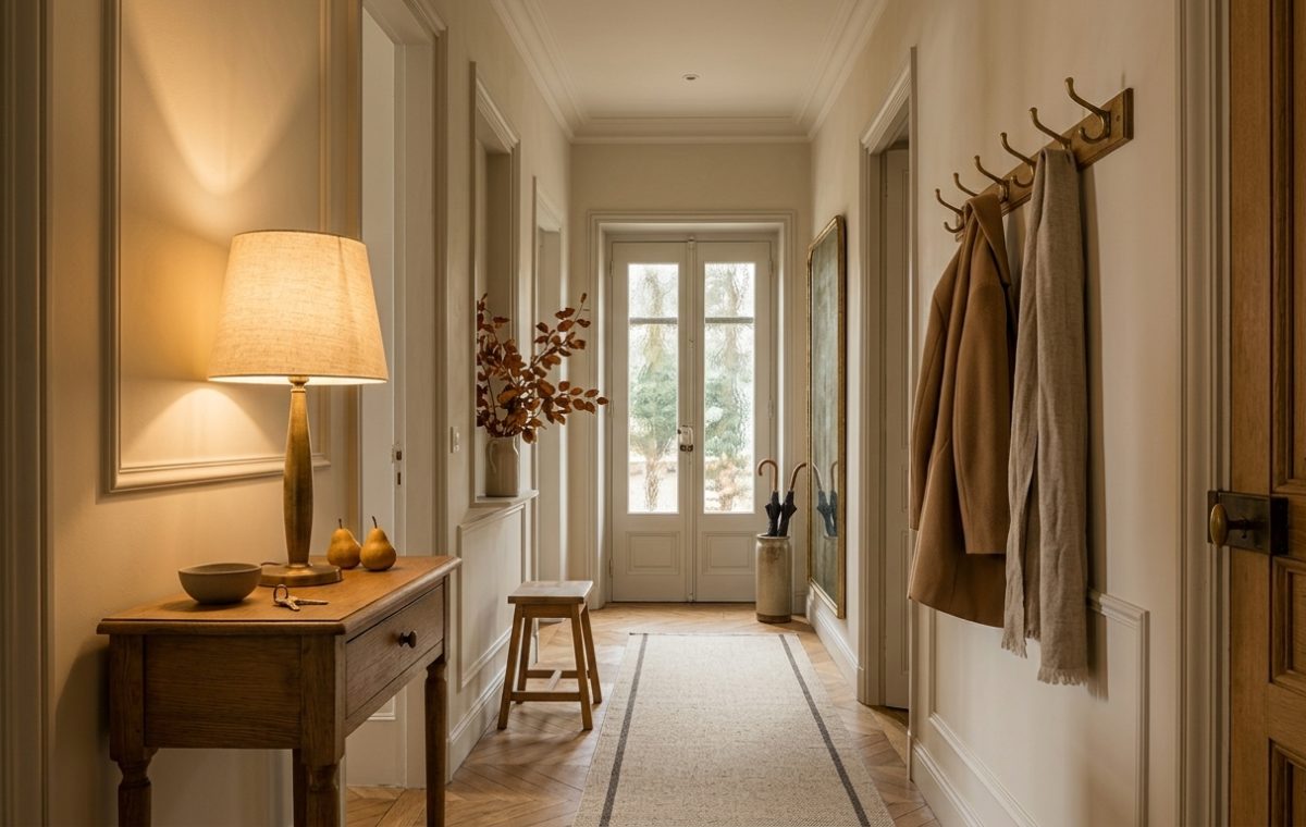A cozy hallway with warm entryway decor featuring a wooden console, lamp, and coat rack on herringbone floors.