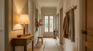 A cozy hallway with warm entryway decor featuring a wooden console, lamp, and coat rack on herringbone floors.