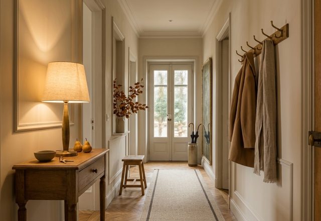 A cozy hallway with warm entryway decor featuring a wooden console, lamp, and coat rack on herringbone floors.