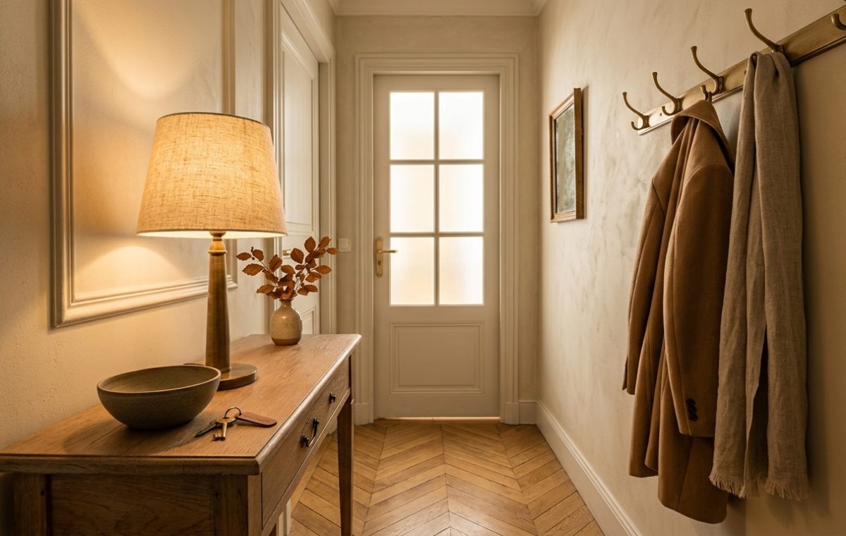 Warm hallway decor featuring a wooden console table, brass lamp, and a coat rack on herringbone floors.