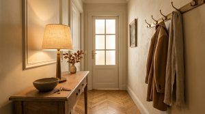 Warm hallway decor featuring a wooden console table, brass lamp, and a coat rack on herringbone floors.
