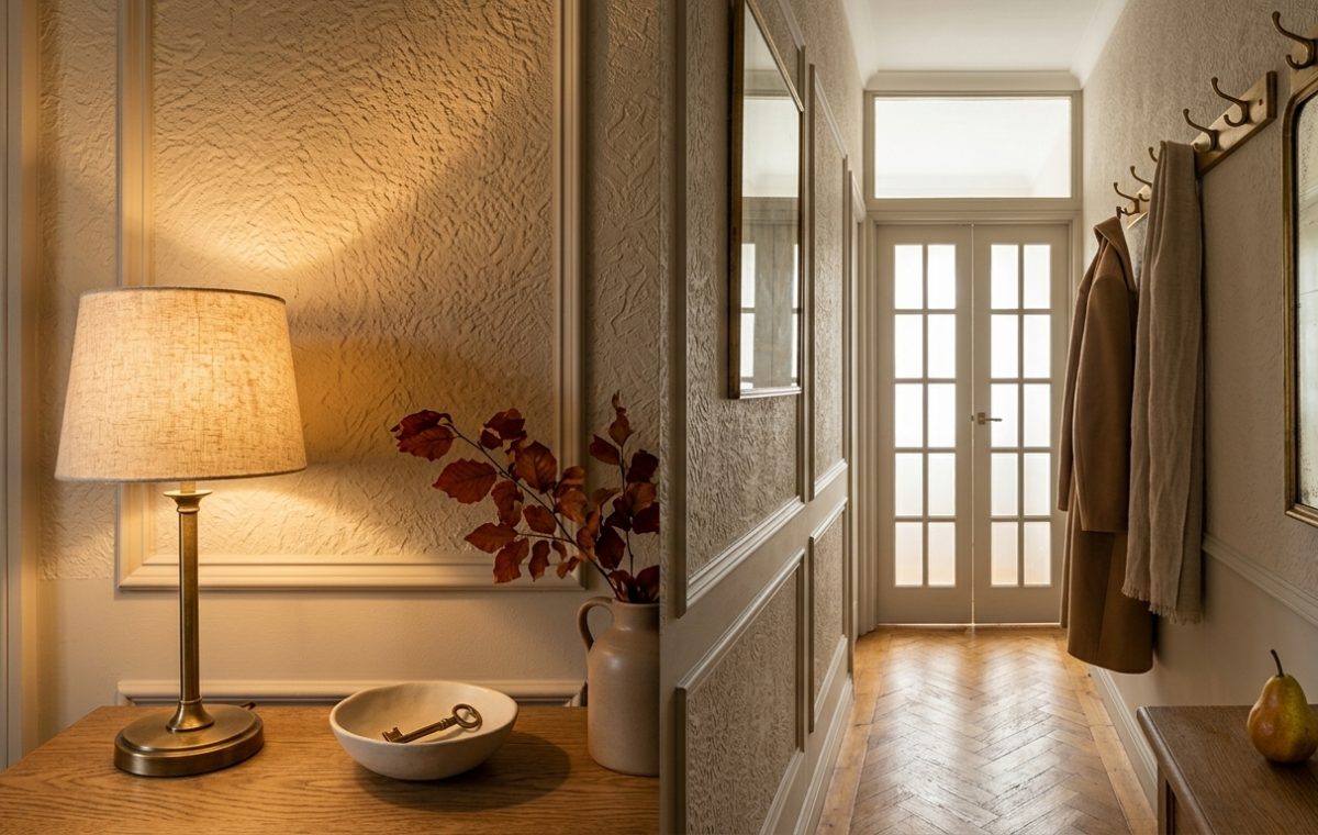 Warm hallway lighting ideas featuring a brass table lamp and textured plaster walls in a cozy entryway