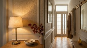 Warm hallway lighting ideas featuring a brass table lamp and textured plaster walls in a cozy entryway