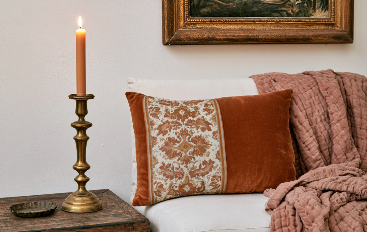 Warm interior styling featuring a brass candle holder, textured pillow, and cozy throw blanket on a sofa.