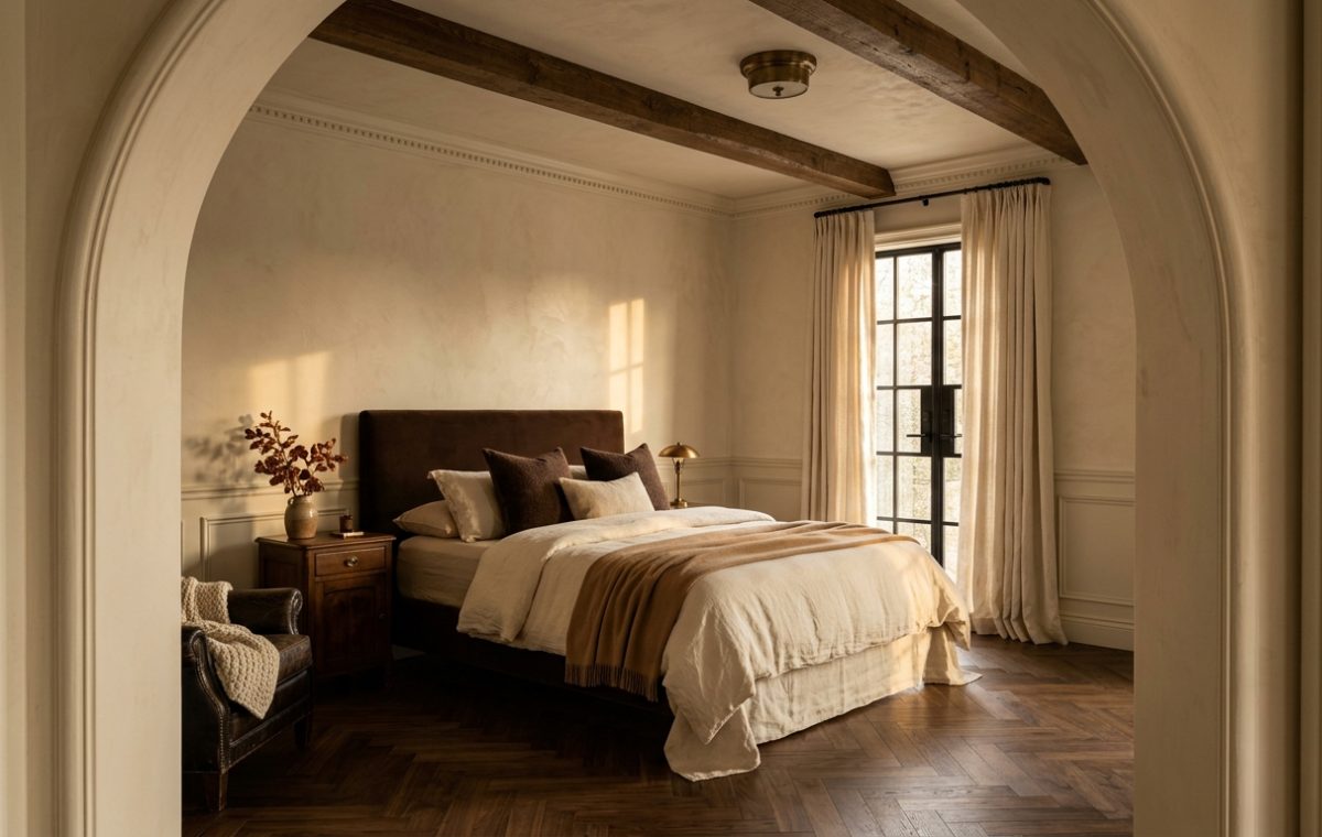 A cozy warm minimalist bedroom featuring earthy tones, rustic beams, and herringbone flooring viewed through an arched doorway.