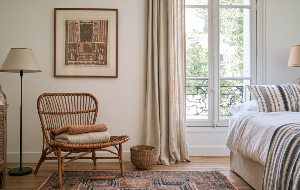Warm minimalist bedroom design featuring a rattan chair, linen curtains, and striped bedding under natural light.