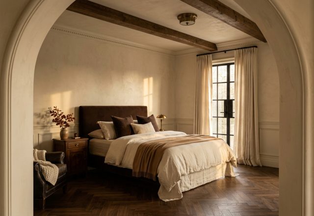 A cozy warm minimalist bedroom featuring earthy tones, rustic beams, and herringbone flooring viewed through an arched doorway.