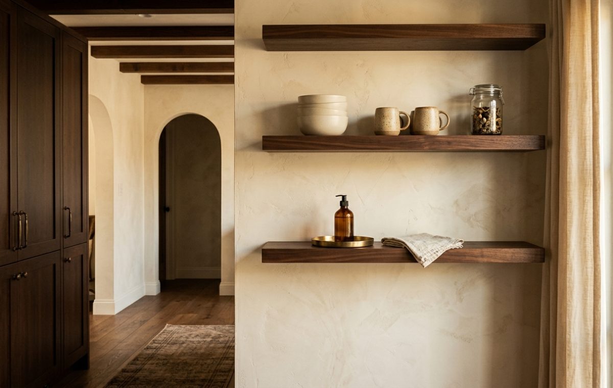 warm minimalist shelving on textured plaster wall with ceramic mugs and dark wood cabinets