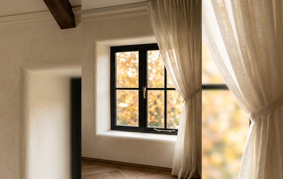 Warm minimalist window treatments featuring linen curtains and lime wash walls