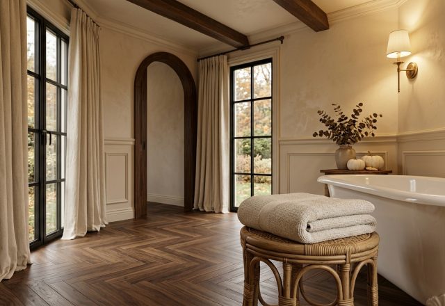 A luxurious warm neutral bathroom featuring a freestanding tub, herringbone wood floors, and arched architectural details.