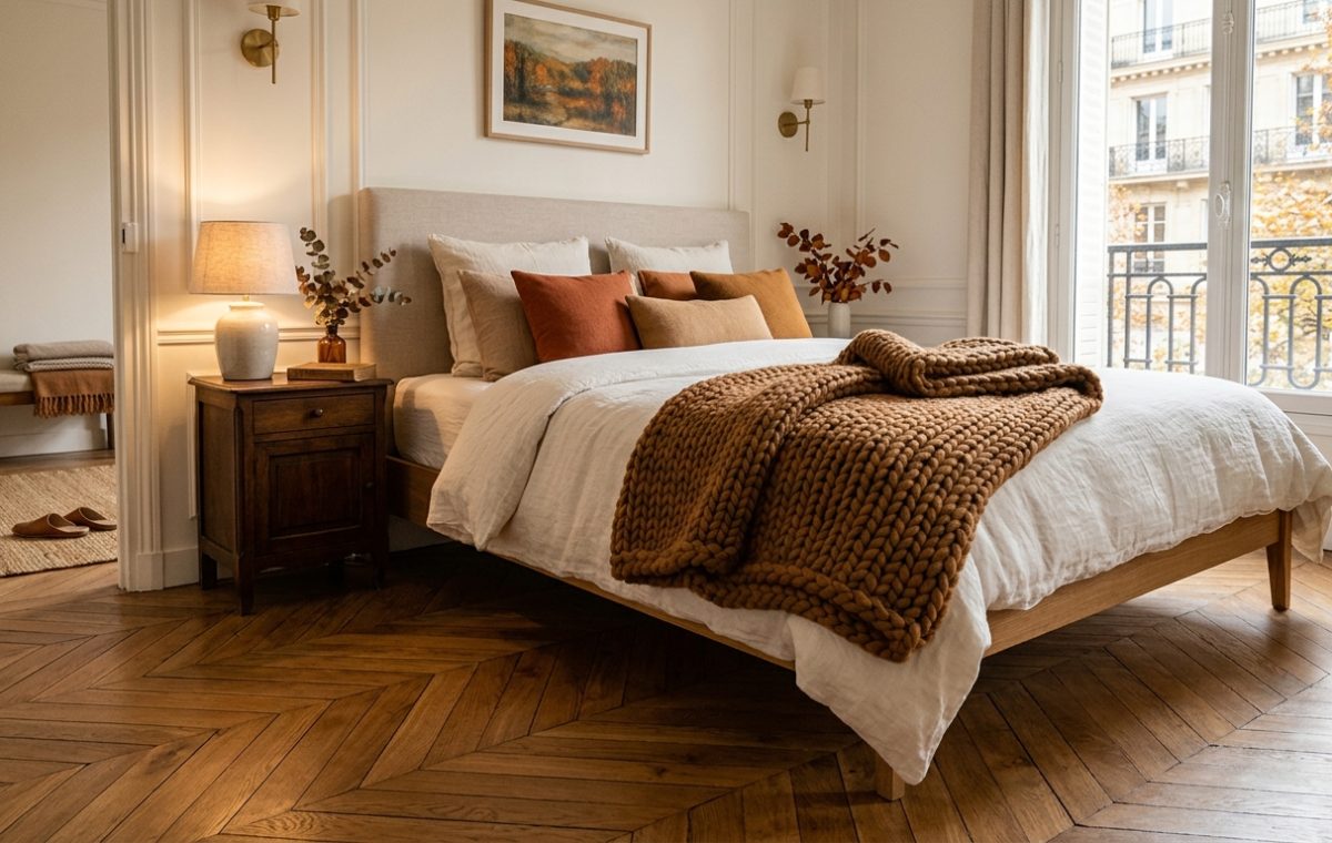 Cozy master bedroom featuring warm neutral decor, herringbone wood flooring, and a chunky knit rust blanket.